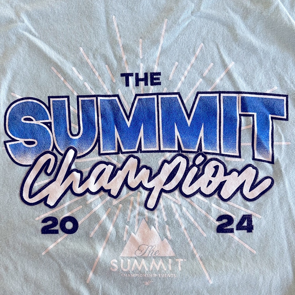 Varsity brand Summit 2024 champion short sleeved T-shirt, teal, adult medium!